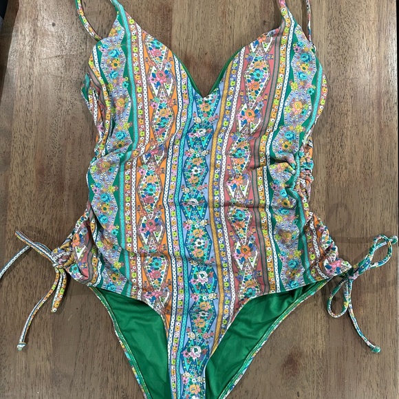 O'Neill Green and Orange One Piece Swimsuit with Adjustable Side Ties - Picture 1 of 3